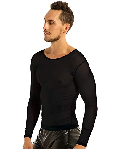 Alvivi Camiseta Manga Larga para Hombre Cuello Redondo Camiseta Deportiva Básica Semi-Transparente Elástica Sexy Negro XL
