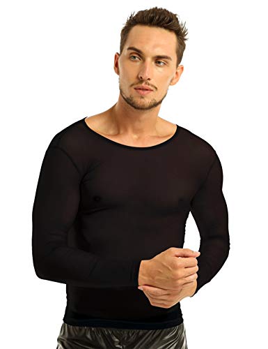 Alvivi Camiseta Manga Larga para Hombre Cuello Redondo Camiseta Deportiva Básica Semi-Transparente Elástica Sexy Negro XL