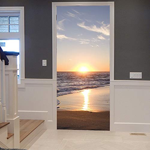 A.Monamour Pegatinas Decorativas de Puerta Autoadhesivo 3D Malibu Atardecer Playa De Arena Océano Costa Naturaleza Paisaje Vinilo para Puertas Mural PVC Pegatinas de Pared Foto Poster 90 x 200 cm