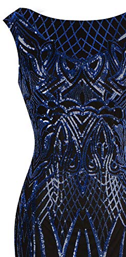 Angel-fashions Mujer Lentejuela Bateau Manga del casquillo Joven a la moda Sirena Vestido de noche (X-Large, Azul Negro)