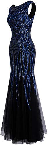 Angel-fashions Mujer Lentejuela Bateau Manga del casquillo Joven a la moda Sirena Vestido de noche (X-Large, Azul Negro)