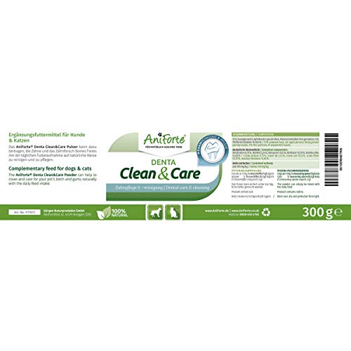 AniForte Denta Clean and Care Powder para Perros y Gatos 300g - Producto Natural para el Cuidado de los Dientes. Dientes Blancos, Aliento Fresco, Prevención de Placa, cuidado dental, polvo de dientes