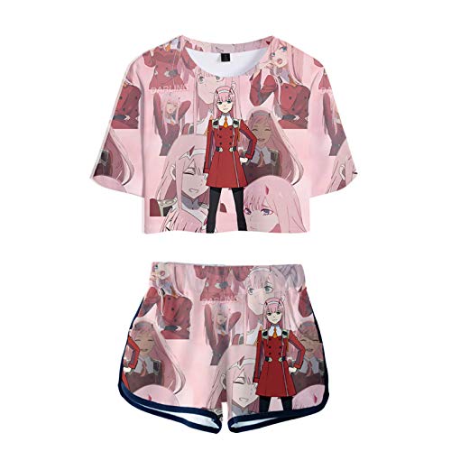Anime Darling in The Franxx 3D Impreso Camiseta Crop Top y Pantalones Cortos Verano 2 Piezas Outfit Set para Mujer Chicas
