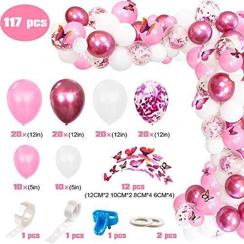 APERIL Kit de Guirnaldas de Globos 117 Piezas Globos de Cumpleaños y 3D Mariposas Decoración Arcos de Globos Metálicos Rosa Blanco Confeti para Niña Decoración de Boda Cumpleaños Fiesta Comunion