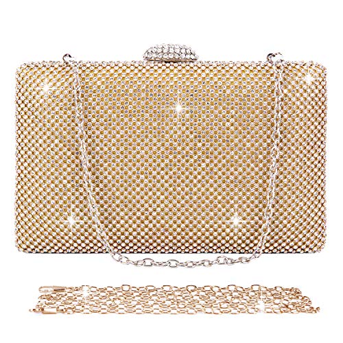 BAIGIO Clutch Mujer Fiesta Plateado, Bolso de Noche Cartera de Mano para Boda Ceremonia Bandolera Catena, Strass (Dorado)