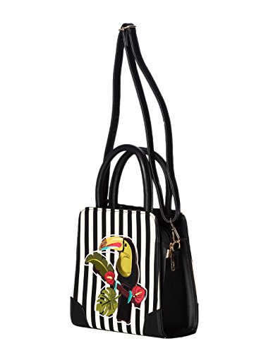 Banned Bolso Shopper Veraniego o Tote al Hombro con Tucán a Rayas Blanco y Negro