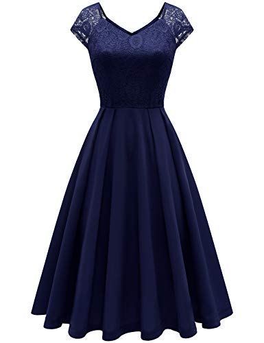 Bbonlinedress Vestido Vintage de Fiesta Cóctel Boda Rockabilly Clásico para Muejeres Cuello V sin Mangas Navy 2XL