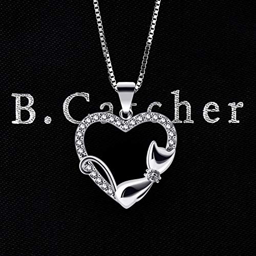 B.Catcher Corazón Collar Mujer Plata de Ley 925 Gato Colgante Navidad con Regalo Originales Cadena 45cm Longitud