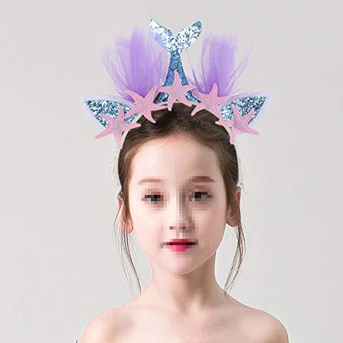 Beaupretty Diadema con diseño de Sirena Oreja arcoíris con Tul Colorido de niñas para Fiestas (Azul con con estrella de mar)