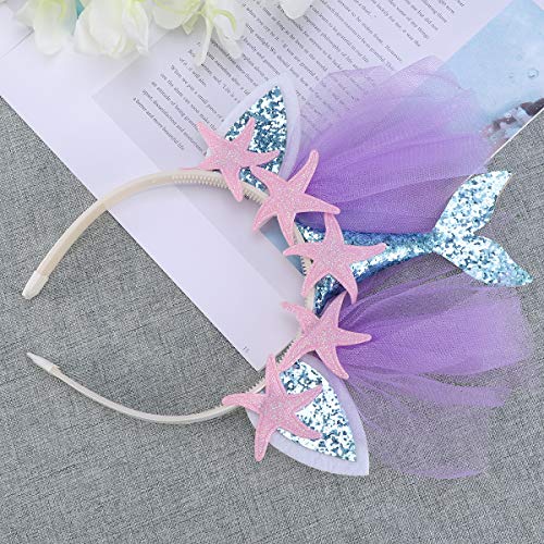 Beaupretty Diadema con diseño de Sirena Oreja arcoíris con Tul Colorido de niñas para Fiestas (Azul con con estrella de mar)