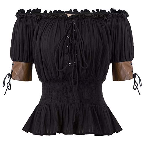 Belle Poque Mujer Top Medieval de Cintura Plisada con Cordones Ajustables para Cóctel L Negro