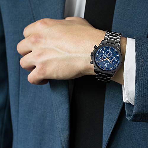BENYAR Reloj de Pulsera de Lujo para Hombre | Reloj de Cuarzo analógico de Acero Inoxidable con cronógrafo | 30M Reloj Resistente al Agua y a los arañazos - Caja Negra con Esfera Azul