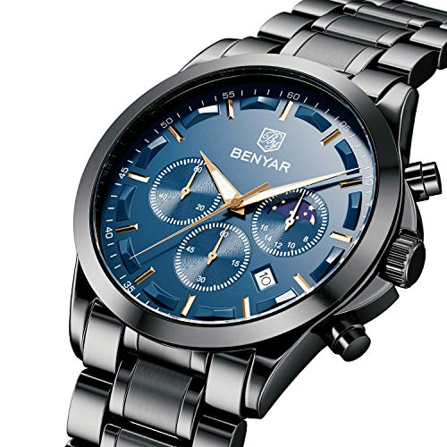 BENYAR Reloj de Pulsera de Lujo para Hombre | Reloj de Cuarzo analógico de Acero Inoxidable con cronógrafo | 30M Reloj Resistente al Agua y a los arañazos - Caja Negra con Esfera Azul