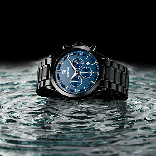 BENYAR Reloj de Pulsera de Lujo para Hombre | Reloj de Cuarzo analógico de Acero Inoxidable con cronógrafo | 30M Reloj Resistente al Agua y a los arañazos - Caja Negra con Esfera Azul