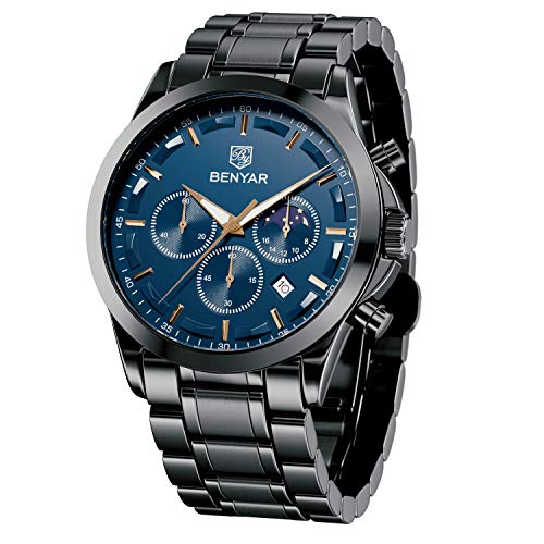 BENYAR Reloj de Pulsera de Lujo para Hombre | Reloj de Cuarzo analógico de Acero Inoxidable con cronógrafo | 30M Reloj Resistente al Agua y a los arañazos - Caja Negra con Esfera Azul