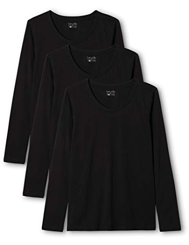 Berydale Camiseta de manga larga de mujer con cuello redondo, pack de 3, Negro, S