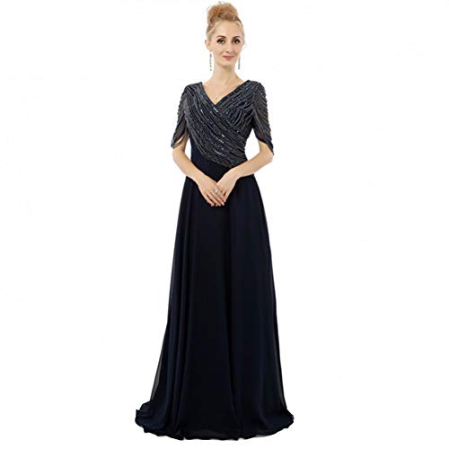 BINGQZ Vestido Fiesta Noche/Coctel/Casual Cuello en V Manga Media con Cuentas Gasa Formal Elegante Mujer Vestidos de Noche Real Photo Vestidos de Madre de la Novia