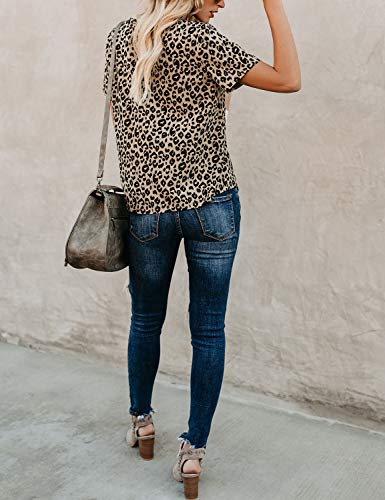Blooming Jelly Camiseta de Mujer Blusas de Manga Estampado de Leopardo Corta Cuello Redondo Basica Camisa Verano Tops