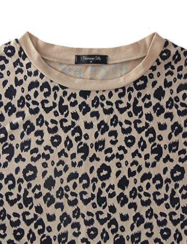 Blooming Jelly Camiseta de Mujer Blusas de Manga Estampado de Leopardo Corta Cuello Redondo Basica Camisa Verano Tops