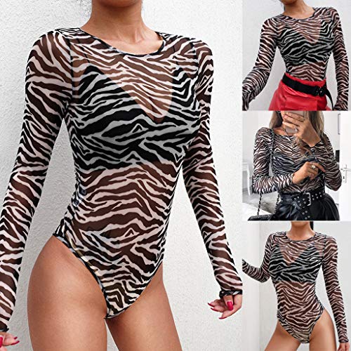 Bodies de Leopardo Fiesta para Mujer, Bodys Sexy de Malla Camiseta Tops Manga Larga bodis Mujeres Body Vestir Bodi Blusa Mono Negro M