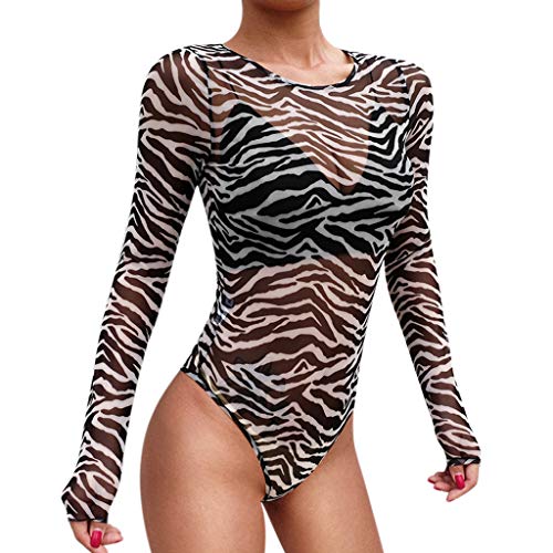 Bodies de Leopardo Fiesta para Mujer, Bodys Sexy de Malla Camiseta Tops Manga Larga bodis Mujeres Body Vestir Bodi Blusa Mono Negro M