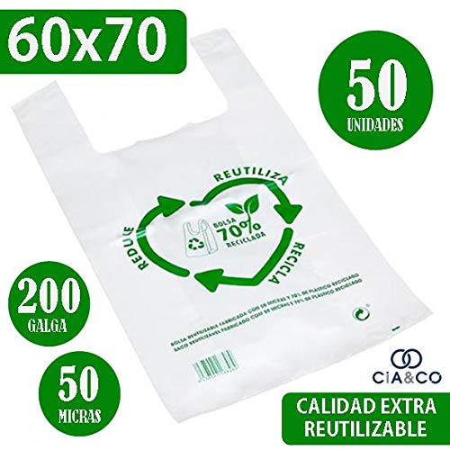 Bolsas de Plástico Tipo Camiseta Resistentes, Reutilizables y Recicladas | Galga 200 | Tamaño XL 42x53 cm | 2 Kg - 100 uds Aprox. | 70% Recicladas | Cumple Normativa | Aptas Uso Alimentario | Verdes