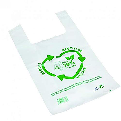 Bolsas de Plástico Tipo Camiseta Resistentes, Reutilizables y Recicladas | Galga 200 | Tamaño XL 42x53 cm | 2 Kg - 100 uds Aprox. | 70% Recicladas | Cumple Normativa | Aptas Uso Alimentario | Verdes