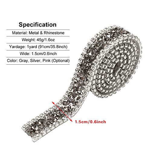 Borde de la cinta de diamantes de imitación, 1 yarda 15 mm Rollo de malla de diamante Rollo Sparkle Decoración de la cinta de diamantes de imitación de cristal para la ropa Vestido Cinturón(gris)