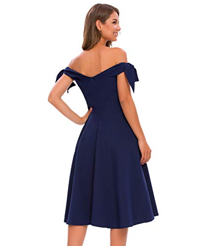 Bright Deer Vestido Midi Graduación Mujer Bardot Hombros Descubiertos con Lazo para Fiesta Noche Cóctel Ocasiones Formales Especiales 38 M Azul Marino