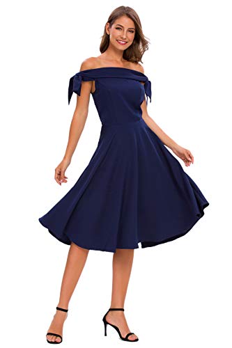 Bright Deer Vestido Midi Graduación Mujer Bardot Hombros Descubiertos con Lazo para Fiesta Noche Cóctel Ocasiones Formales Especiales 38 M Azul Marino