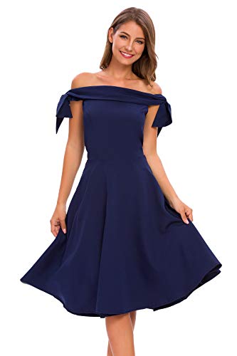 Bright Deer Vestido Midi Graduación Mujer Bardot Hombros Descubiertos con Lazo para Fiesta Noche Cóctel Ocasiones Formales Especiales 38 M Azul Marino