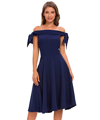 Bright Deer Vestido Midi Graduación Mujer Bardot Hombros Descubiertos con Lazo para Fiesta Noche Cóctel Ocasiones Formales Especiales 38 M Azul Marino