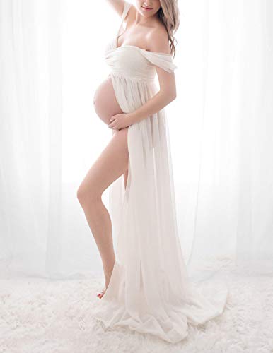 BUOYDM Embarazada Chifón Larga Vestido de Maternidad Split Vista Delantera Foto Shoot Dress Faldas Fotográficas de Maternidad Blanco M