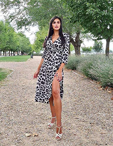 BUOYDM Mujer Elegantes Vestido de Fiesta Cuello V Leopardo Estampado Vestido Casual Manga Larga Irregular de Noche Cóctel Playa Blanco L
