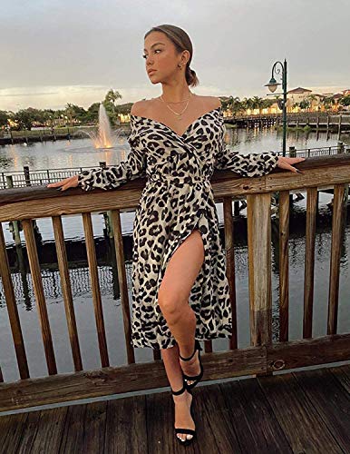 BUOYDM Mujer Elegantes Vestido de Fiesta Cuello V Leopardo Estampado Vestido Casual Manga Larga Irregular de Noche Cóctel Playa Blanco L