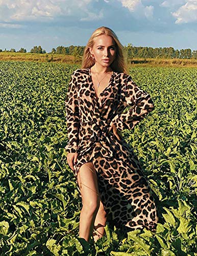 BUOYDM Mujer Elegantes Vestido de Fiesta Cuello V Leopardo Estampado Vestido Casual Manga Larga Irregular de Noche Cóctel Playa Marrón L
