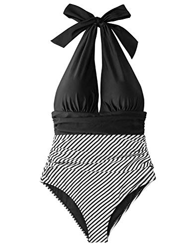 BUOYDM Trajes de una Pieza Mujeres Cintura Alta Rayas Cuello en V de Baño Trajes Bañador Conjunto de Bikini Push up Negro S