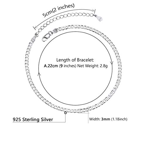 Cadena Cubana Curb Miami Tobillera Superfina Plata de Ley S925 3mm Platino Plateado Pulsera Moderna de Pies para Mujeres Jovenes Cadenas Ajustables 22 CM Joyería de Verano para Playas Vacaciones