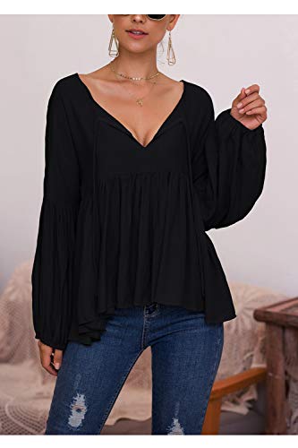 Camisas Casuales De Otoño para Mujer con Cuello En V Manga Abullonada Plisado Sólido Camisa Suelta Blusa Negro M