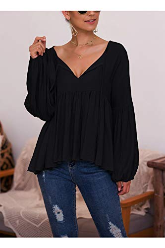 Camisas Casuales De Otoño para Mujer con Cuello En V Manga Abullonada Plisado Sólido Camisa Suelta Blusa Negro M