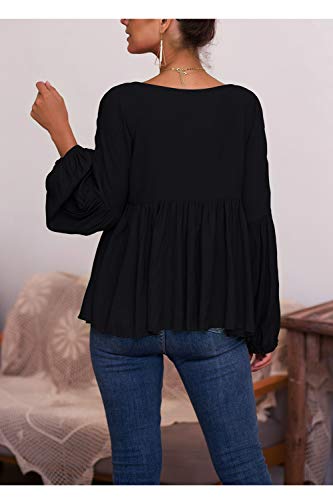 Camisas Casuales De Otoño para Mujer con Cuello En V Manga Abullonada Plisado Sólido Camisa Suelta Blusa Negro M