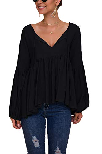 Camisas Casuales De Otoño para Mujer con Cuello En V Manga Abullonada Plisado Sólido Camisa Suelta Blusa Negro M