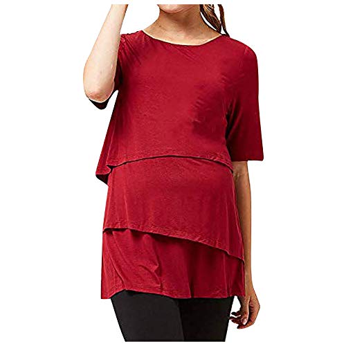 Camiseta de Lactancia de Maternidad para Mujer Camiseta de Manga Corta con Cuello Redondo para Mujer Túnica Tops Blusa Camisas YANFANGMRed