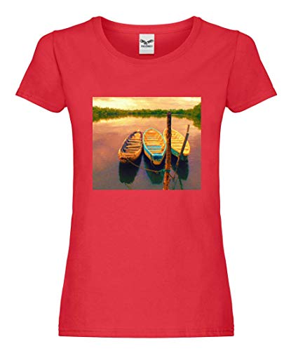 Camiseta de manga corta para mujer y mujer con diseño de barco rojo L