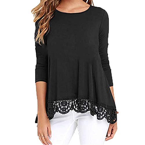 Camiseta Holgada De Mujer De Costura De Encaje De Manga Larga con Cuello Redondo De Color Liso