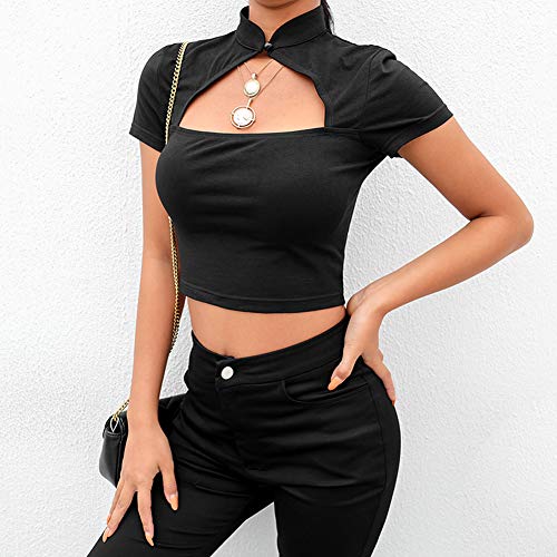 Camiseta Sexy de Verano para Mujer Crop Top con Diseño Único de Escote con Hueco Mangas Cortas Mini Camisola con Ombligo al Aire de Color Sólido Clubwear para Chicas (Negro, L)
