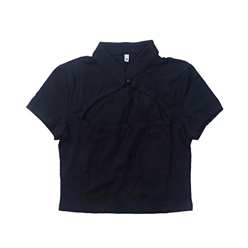 Camiseta Sexy de Verano para Mujer Crop Top con Diseño Único de Escote con Hueco Mangas Cortas Mini Camisola con Ombligo al Aire de Color Sólido Clubwear para Chicas (Negro, L)