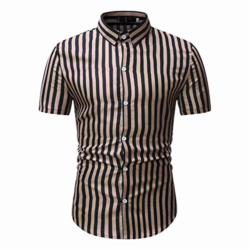 CFWL Camisa Casual de Manga Corta a Rayas de Verano para Hombre Tops Patrón único Camisa Ajustada a Cuadros - Camisa Casual con Botones a Cuadros Algodón Amarillo L