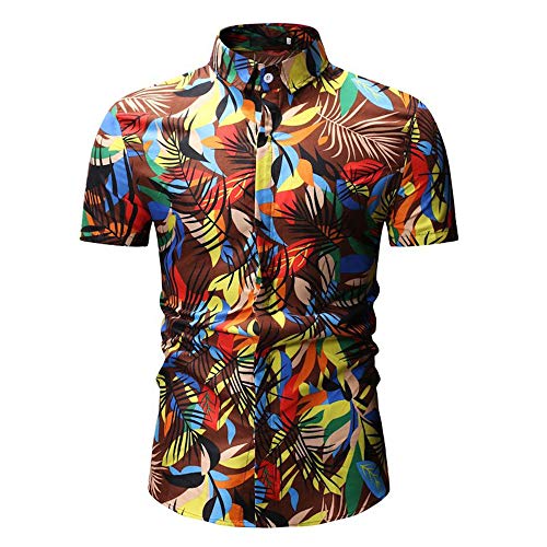 CFWL Camisa ImpresióN De Moda para Hombres Camisa Floral Casual De Manga Camisas Florales Elegantes Camisas De Vestir De PatróN úNico Camisa De Lino Estampada Funky Camisa Casual MarróN XL
