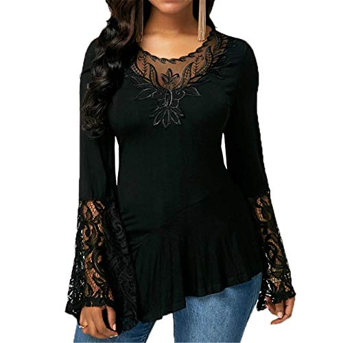 Chenlao7gou621 Top De Camiseta Irregular con Costura De Encaje De Manga Larga para Mujer Top Women